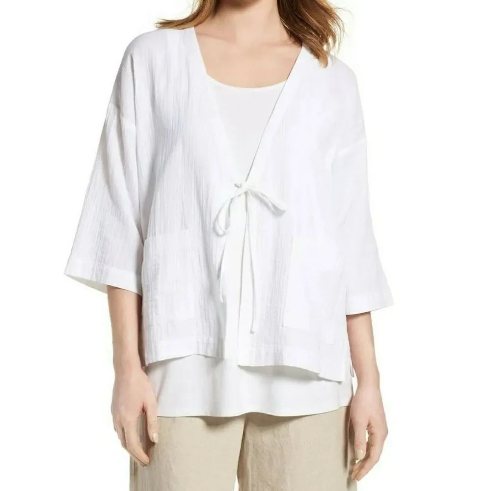 Eileen Fisher White Organic Cotton Gauze Tie Front Kimono Jacket sz LG EUC